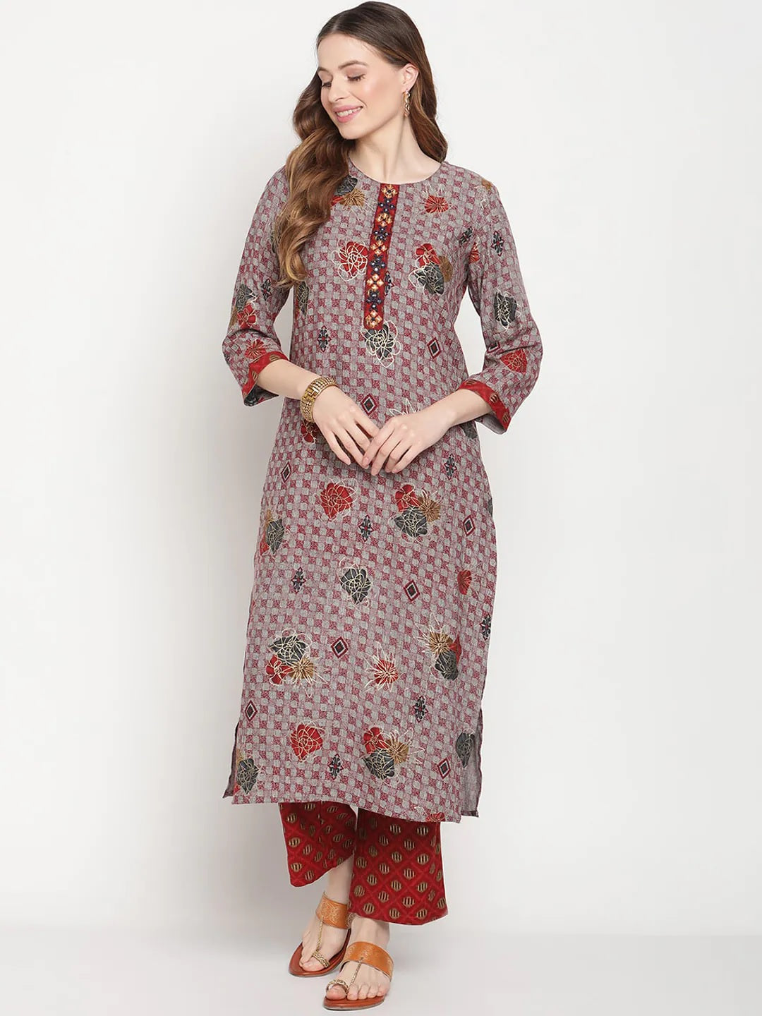 Be Indi Women Grey Red Floral Foil Printed Mirror Placket Kurta with Pant