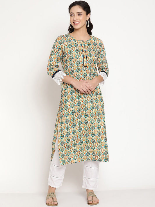 Be Indi Women Green Ikat Design Contrast Trim And Cotton Design Lace Cuff Detaling Kurta