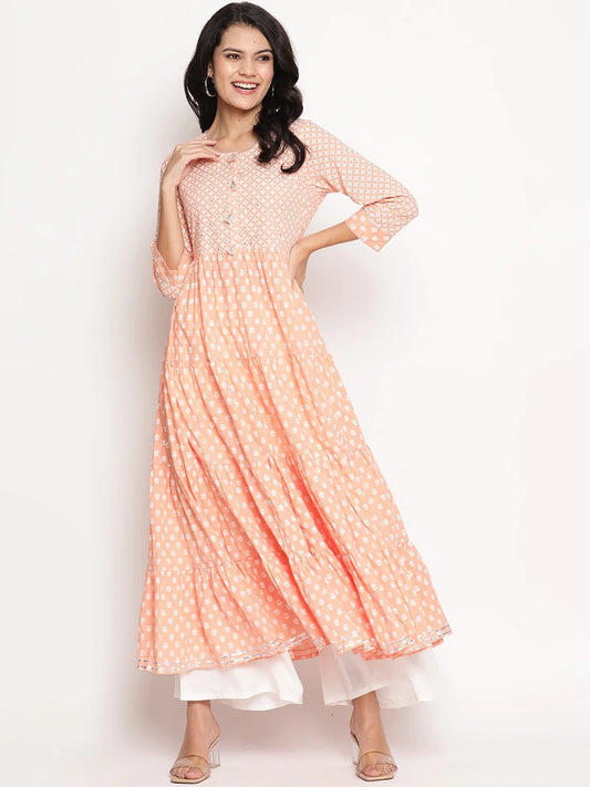 Women peach color khadi printed tiered gotta patti work detailing dress