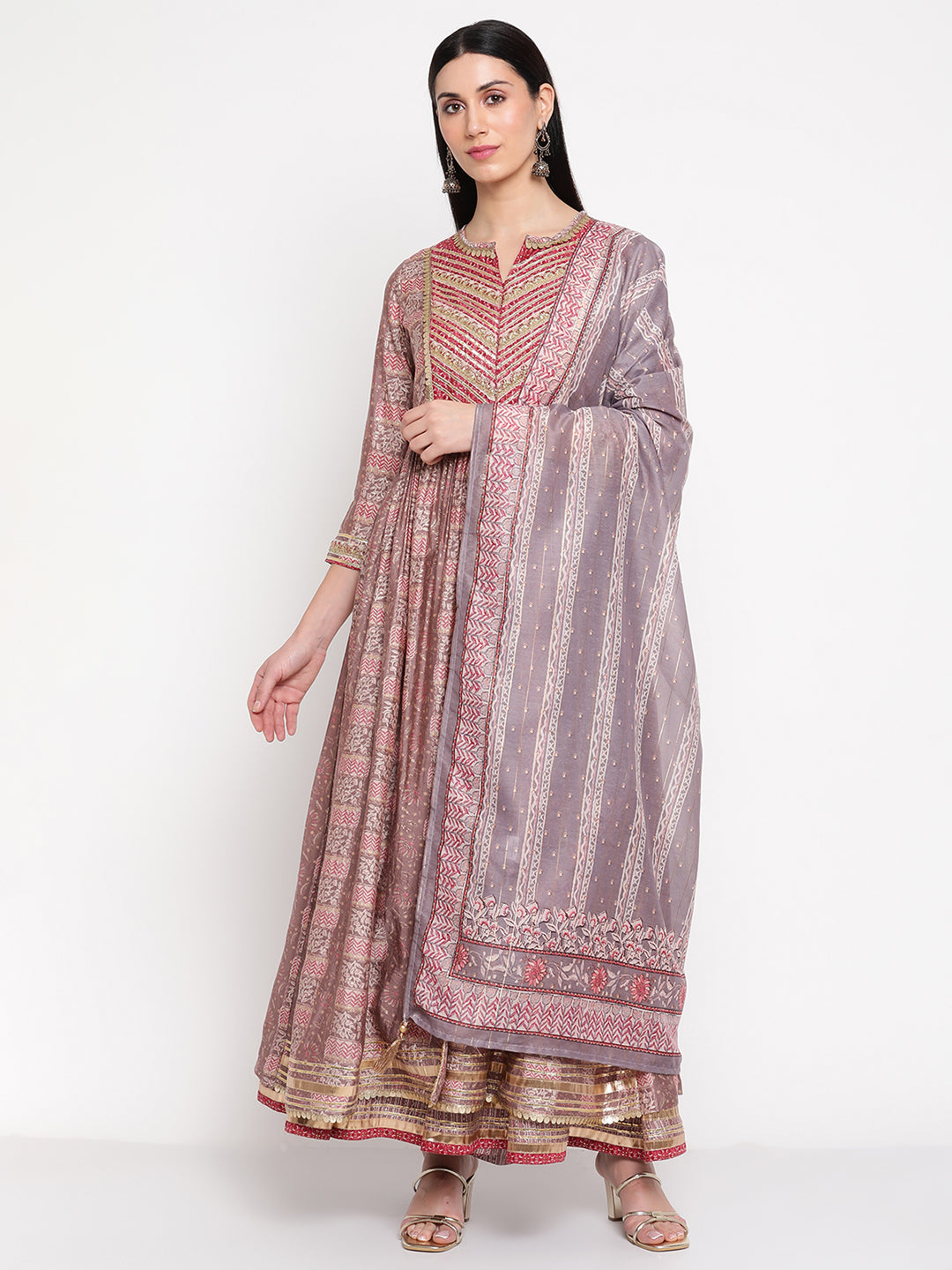 Be Indi Womens Pink Kurta With Gathers And High Slit Opening, Sharara Dupatta.