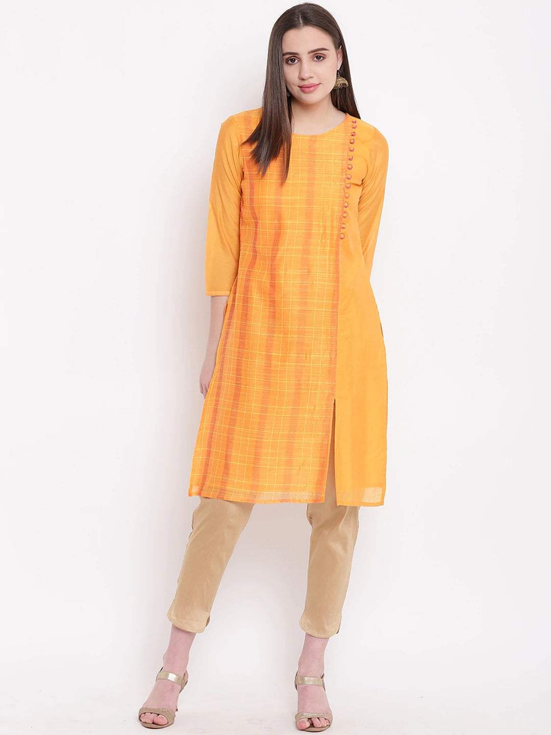 Be Indi Women Mustard Yellow Solid Straight Kurta