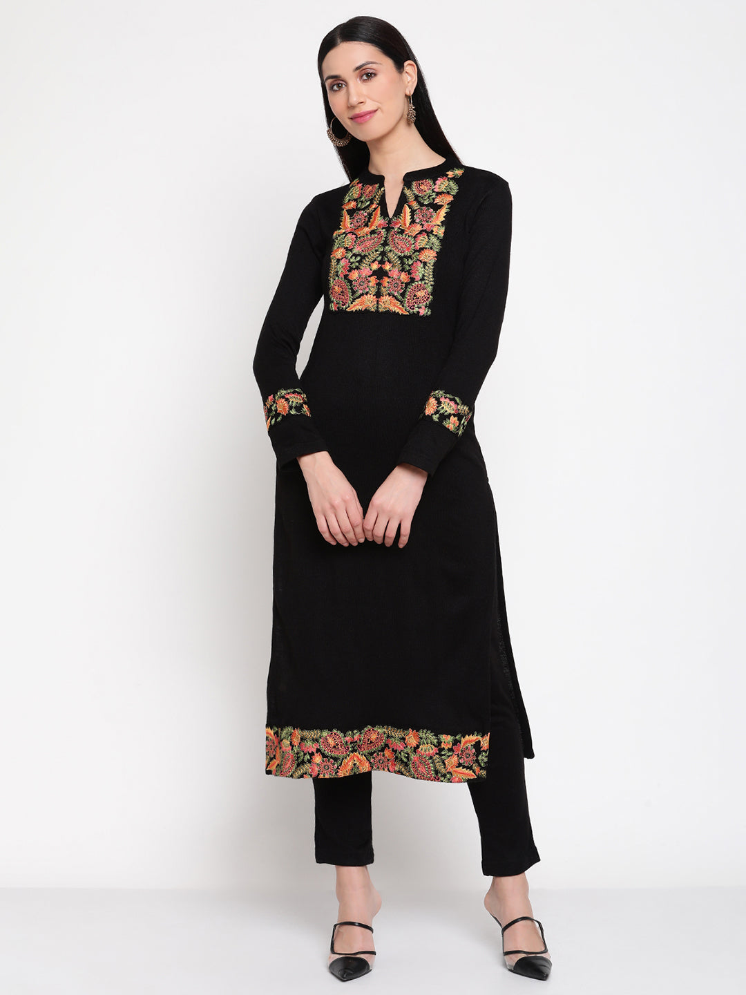 Be Indi Women Winter Daffodil Black Embroidered Straight Kurta With Trouser.