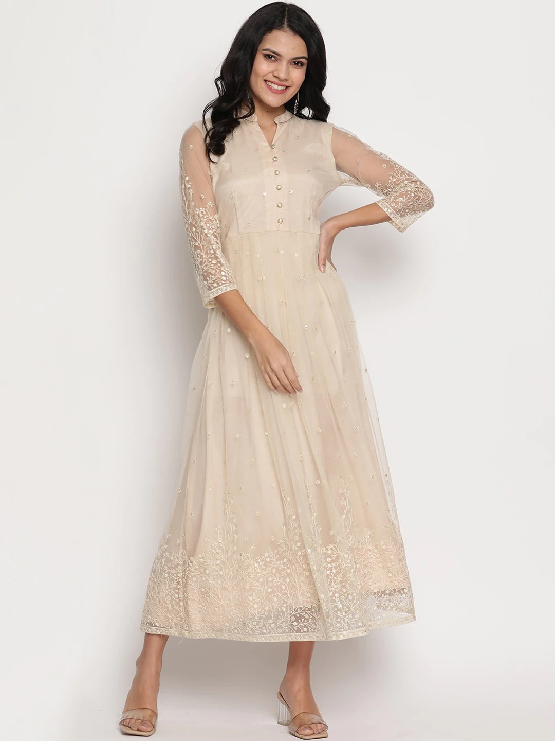 Women Beige Sequenced Net Maxi Dress