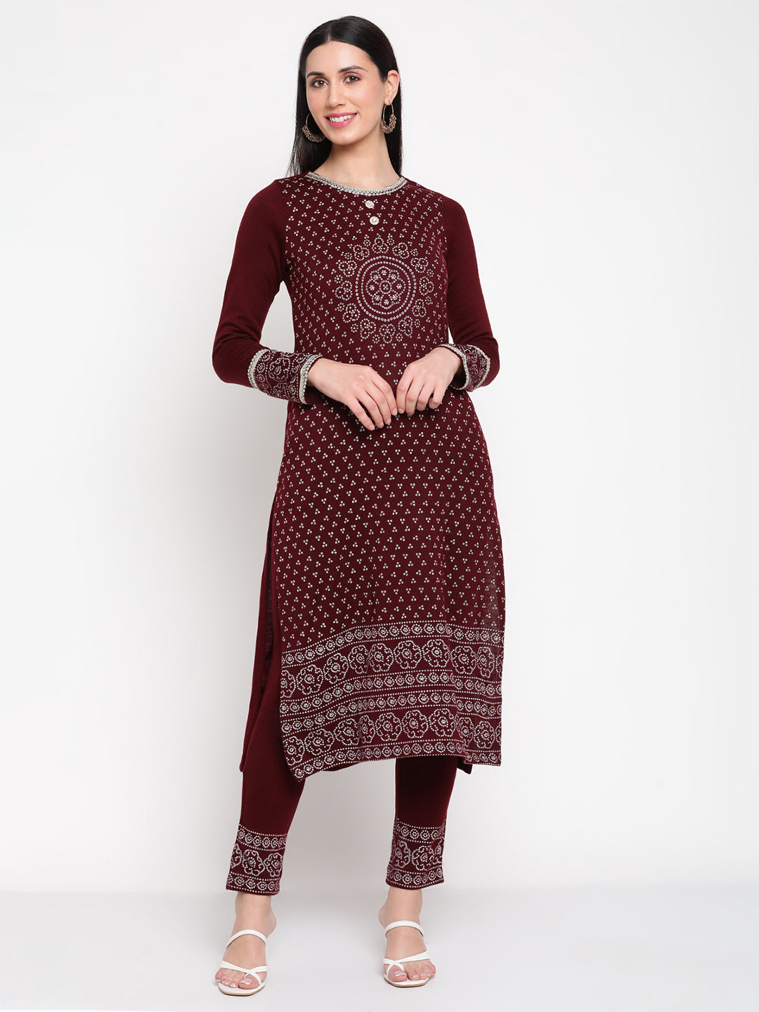 Be Indi Women Winter Daffodil Maroon Printed Straight Kurta With Trouser .