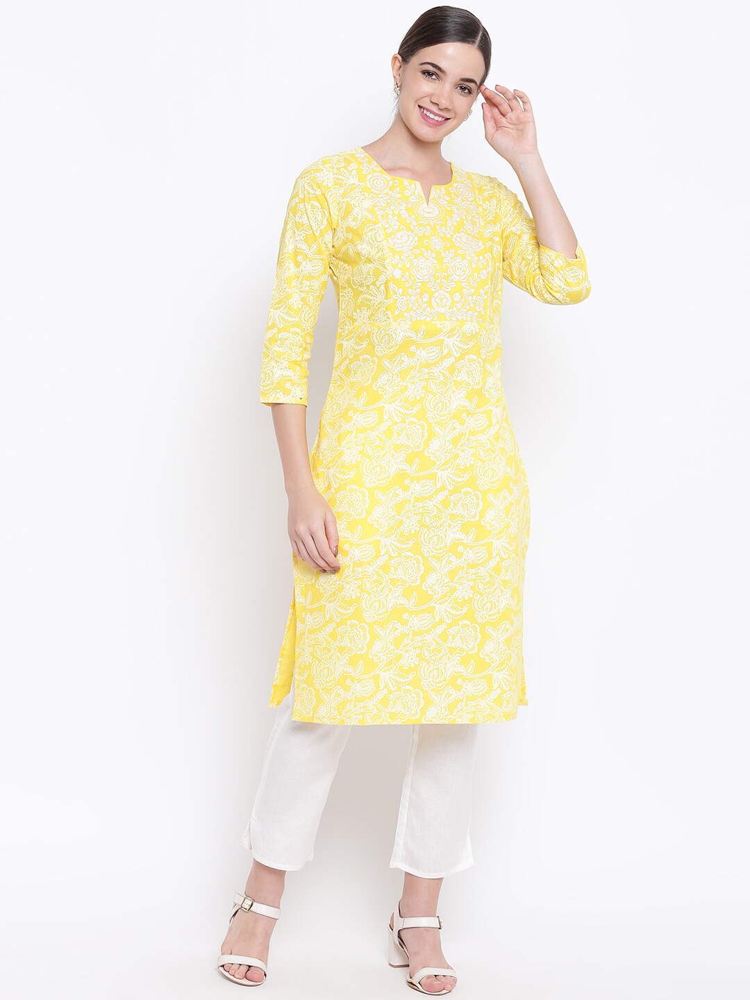 Be Indi Women Yellow & White Printed Kurta