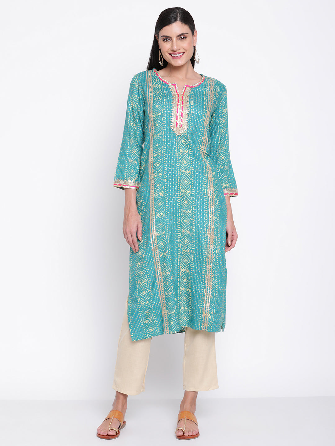 Be Indi Women Turquoise Blue Ethnic Motifs Gotta Patti Kurta