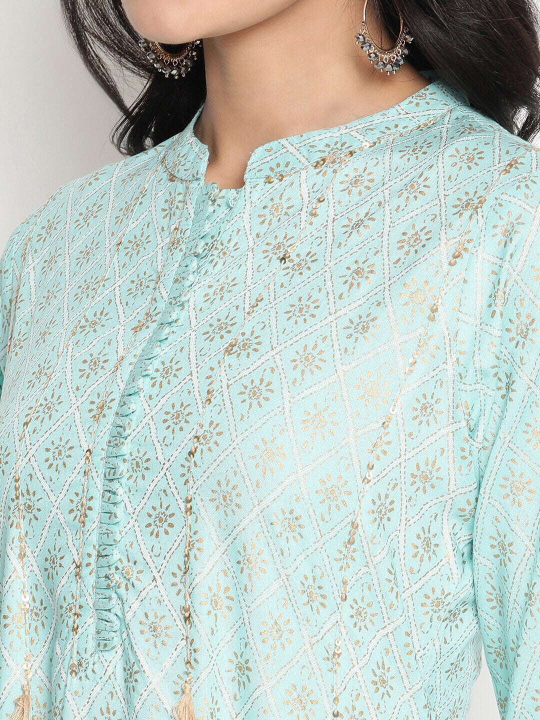 Women Turquoise Golden Foil Printed Sequenced Hand Work Dress