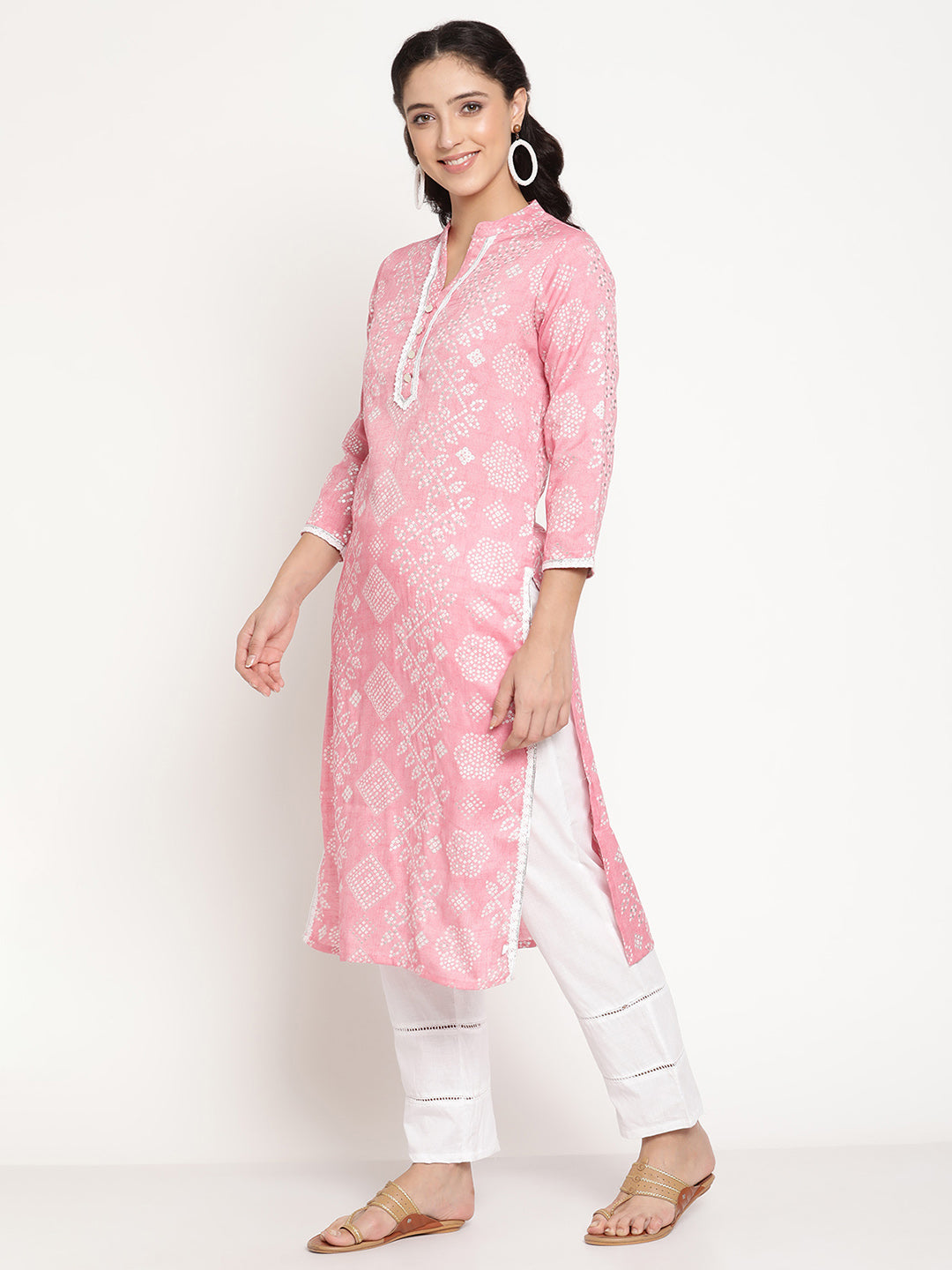 Be Indi Women Pink Silver Printed Crochet Lace And Fancy Button And GottaPatti Detailing Kurta