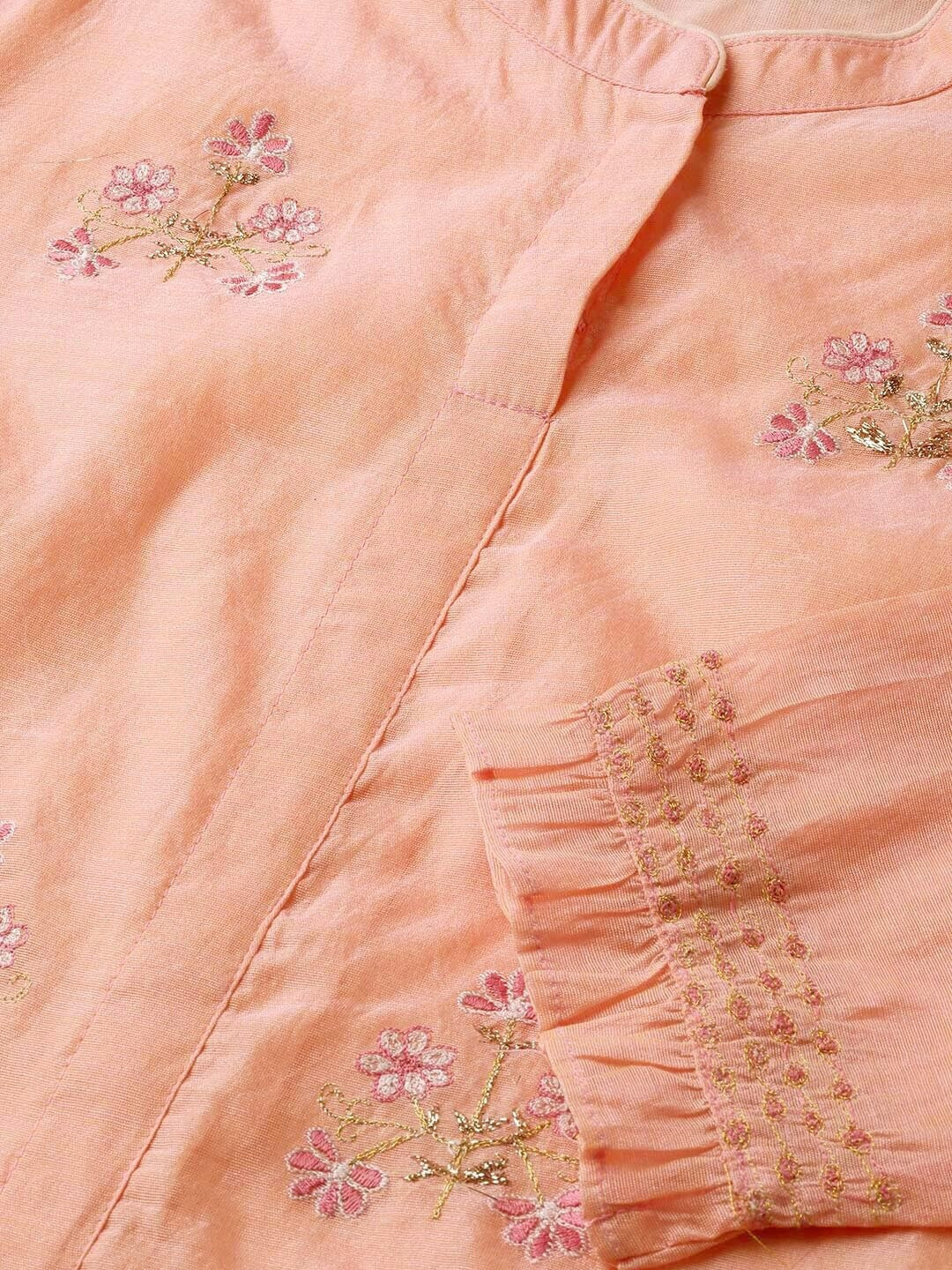 Be Indi Women Peach-Coloured & White Floral Embroidered Straight Kurta