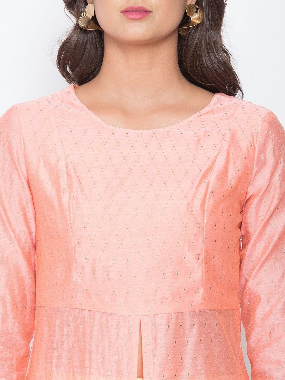 BeIndi Women Peach-Colored & Gold-Colored Embellished Chanderi Silk A-Line Kurta