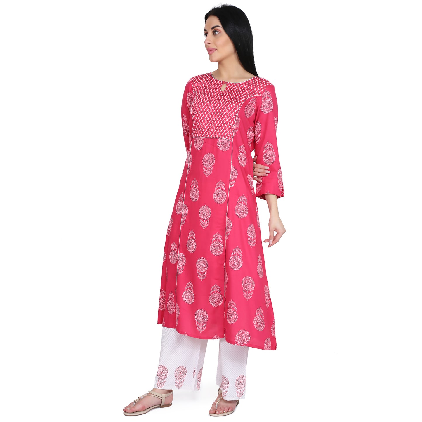 Be Indi Women Pink & White Printed Kurta with Palazzos