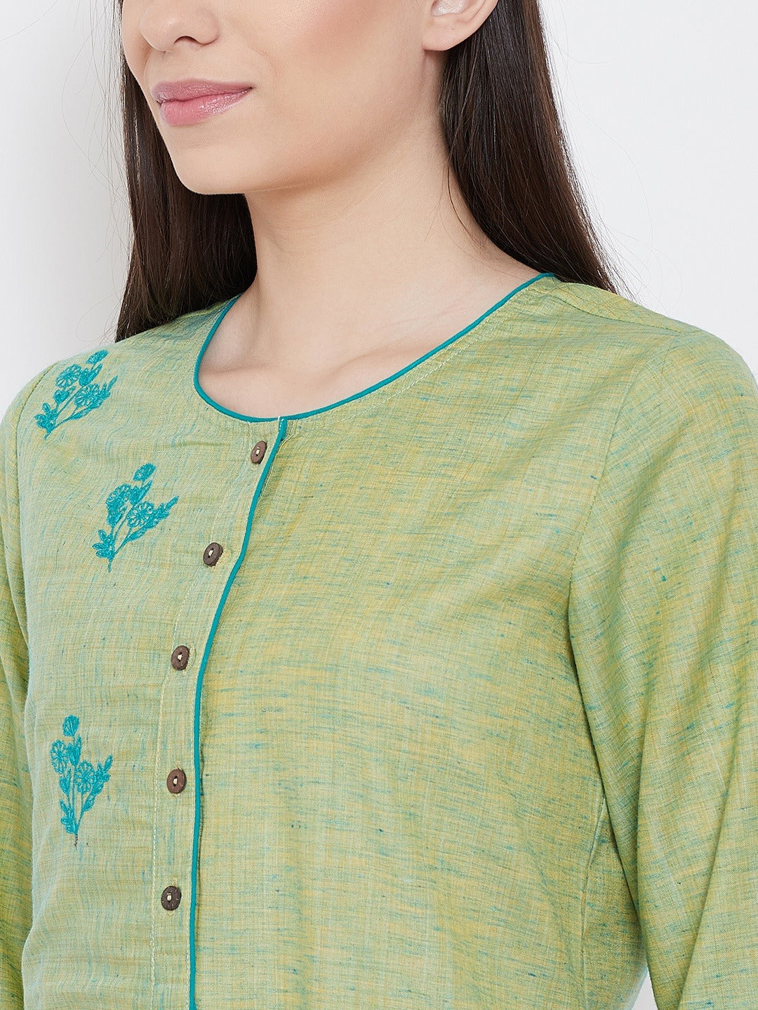 Be Indi Women Light Green Yoke Design Straight Kurta