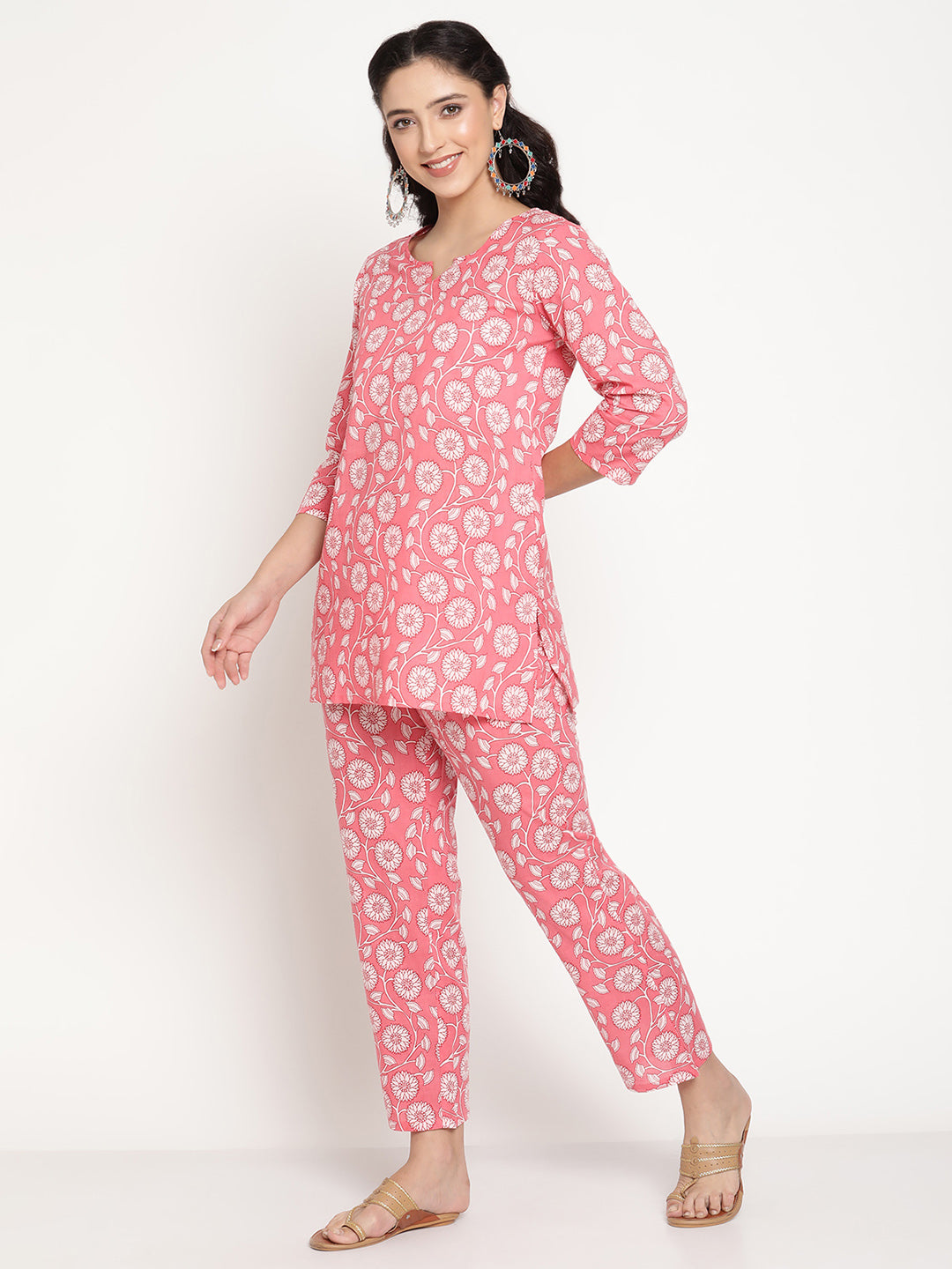 Be Indi Women Pink White Floral Printed Lounge Set