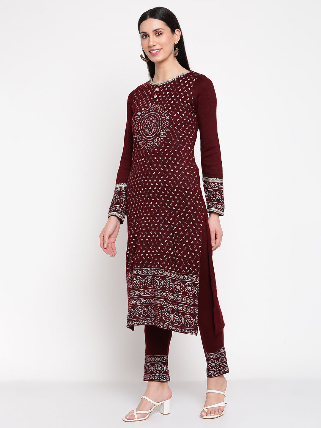 Be Indi Women Winter Daffodil Maroon Printed Straight Kurta With Trouser .