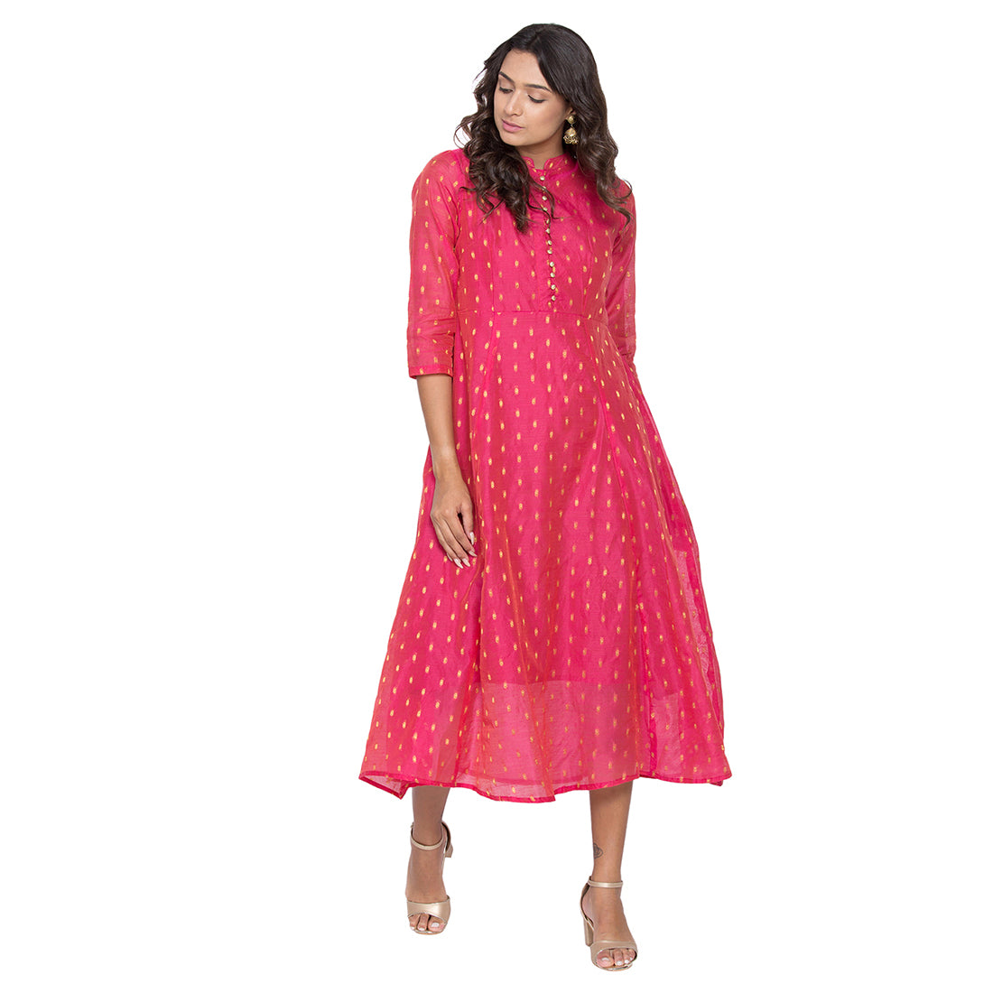 Be Indi Women Fuchsia Self Design Fit and Flare Dress