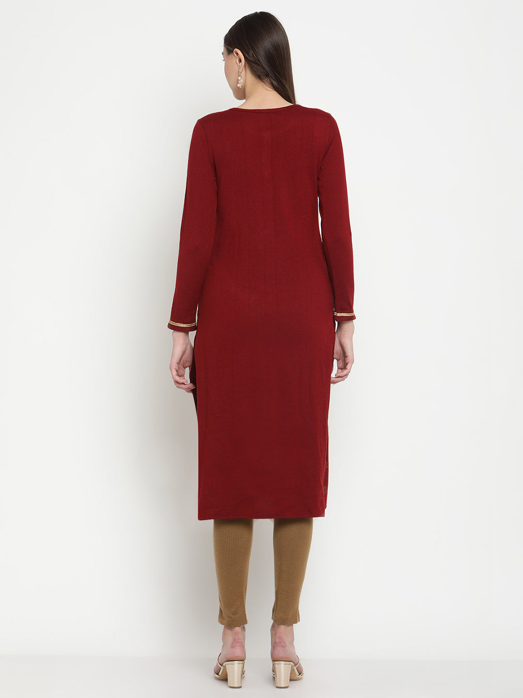BeIndi Knitted Women Winter Maroon Ethnic Print Kurta