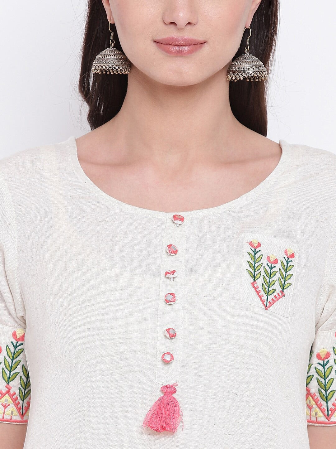 Be Indi Women Cream-coloured Floral Embroidered Kurta