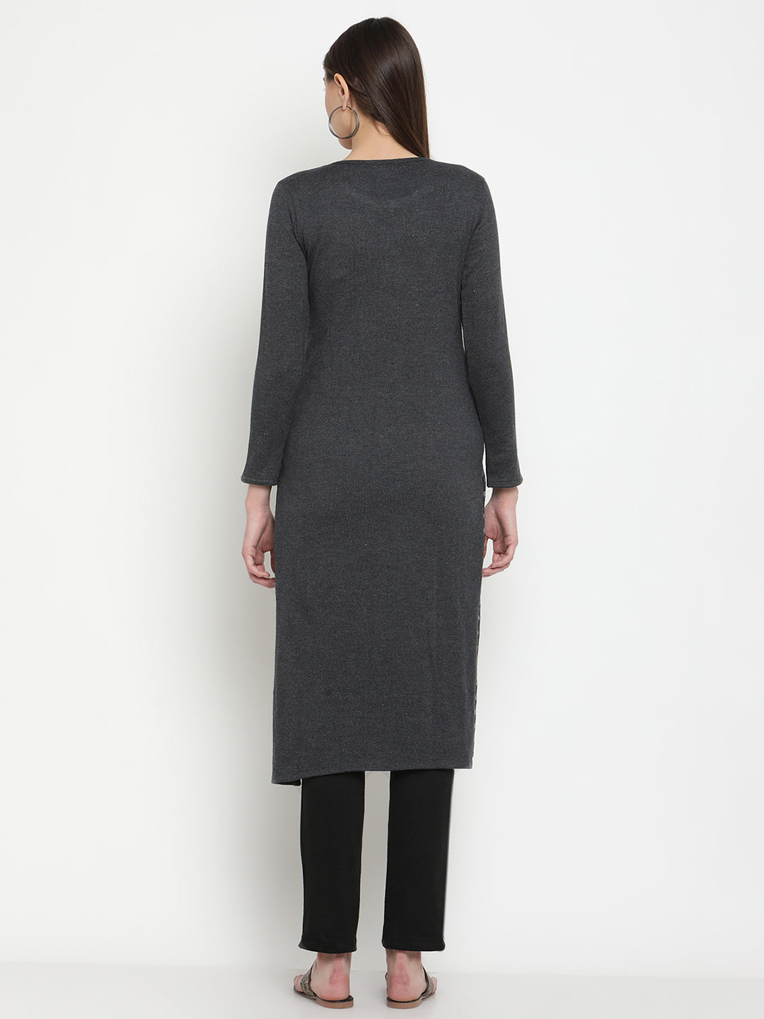BeIndi Knitted Women Winter Grey Ethnic Printed Kurta