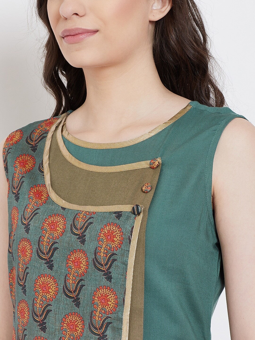 BeIndi Women Green & Peach-Coloured Printed Layered A-Line Kurta