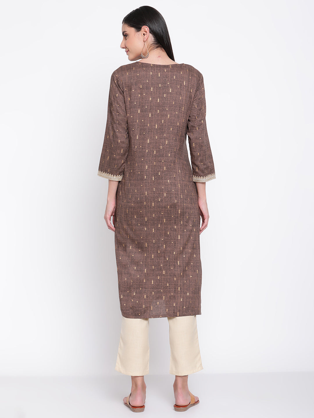 Be Indi Women Foil Printed Brown Pintuck Kurta With Fancy Buttons And Lace Detailing