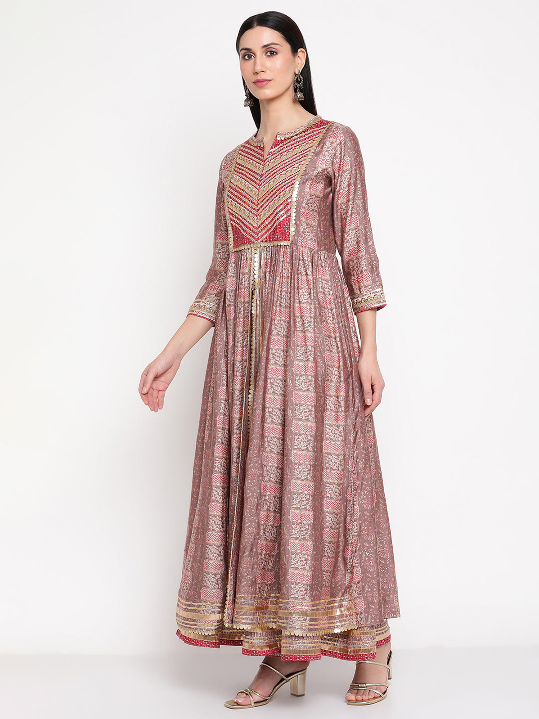 Be Indi Womens Pink Kurta With Gathers And High Slit Opening, Sharara Dupatta.