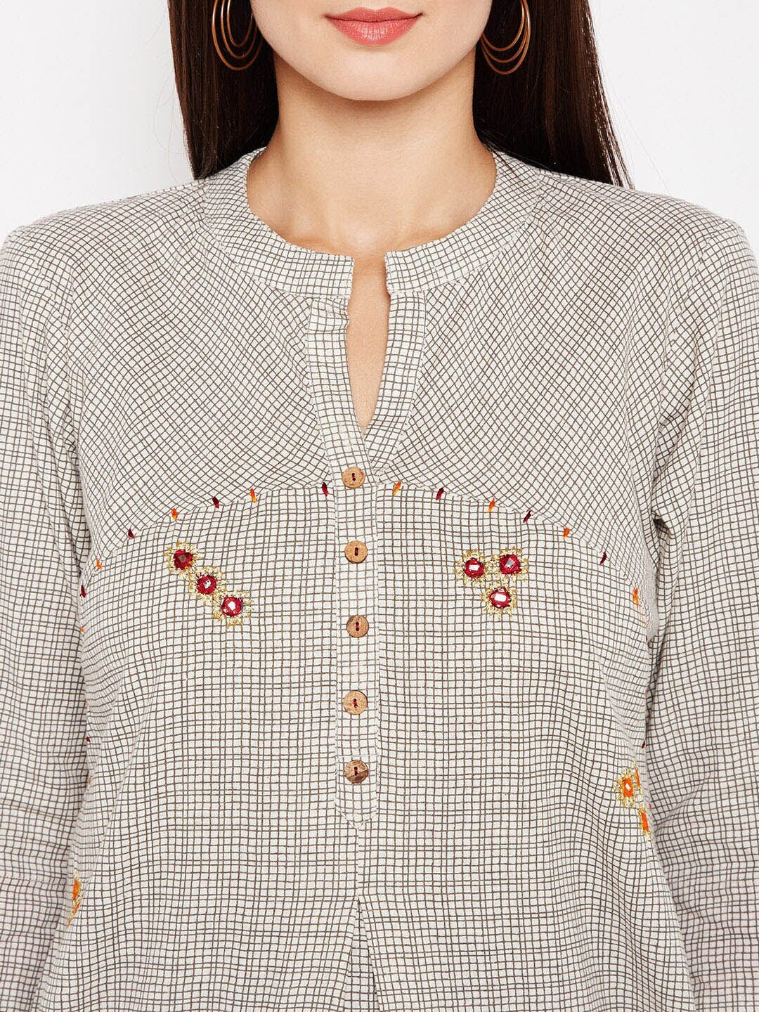 Be Indi Women Grey Checked Thread Work Handloom Kurta