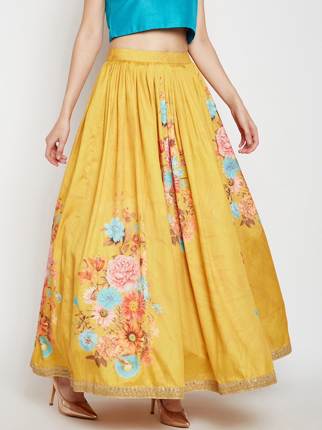 Be Indi Women Yellow & Peach-Coloured Printed Flared Skirt