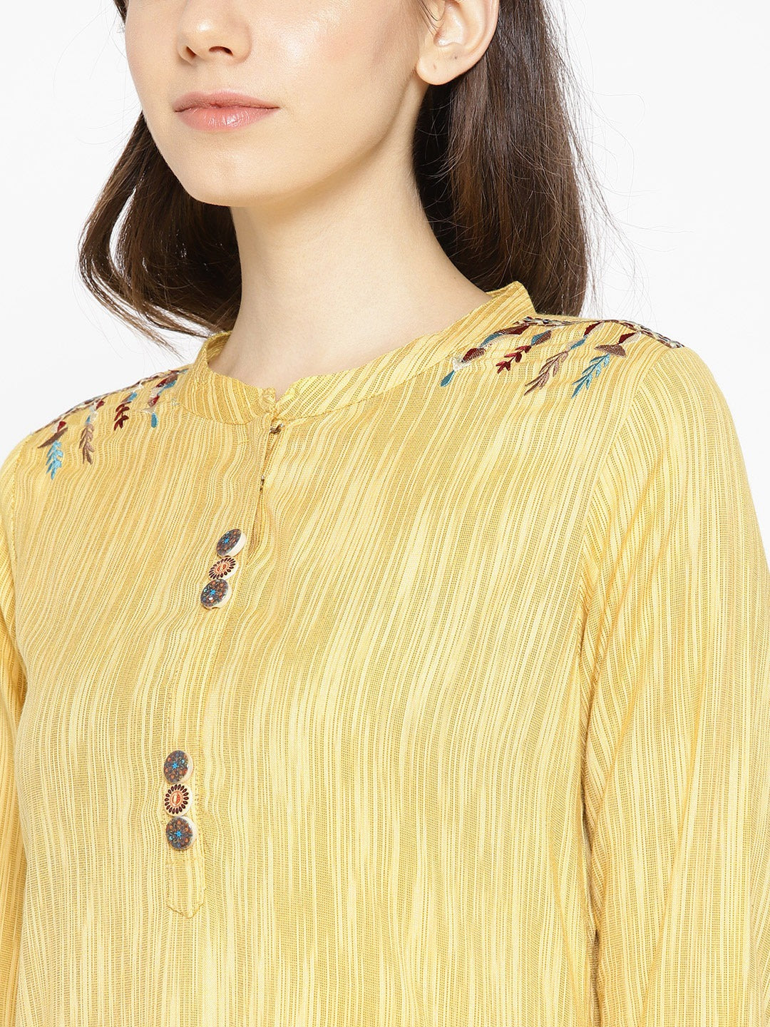 Be Indi Women Yellow Woven Design Straight Kurta