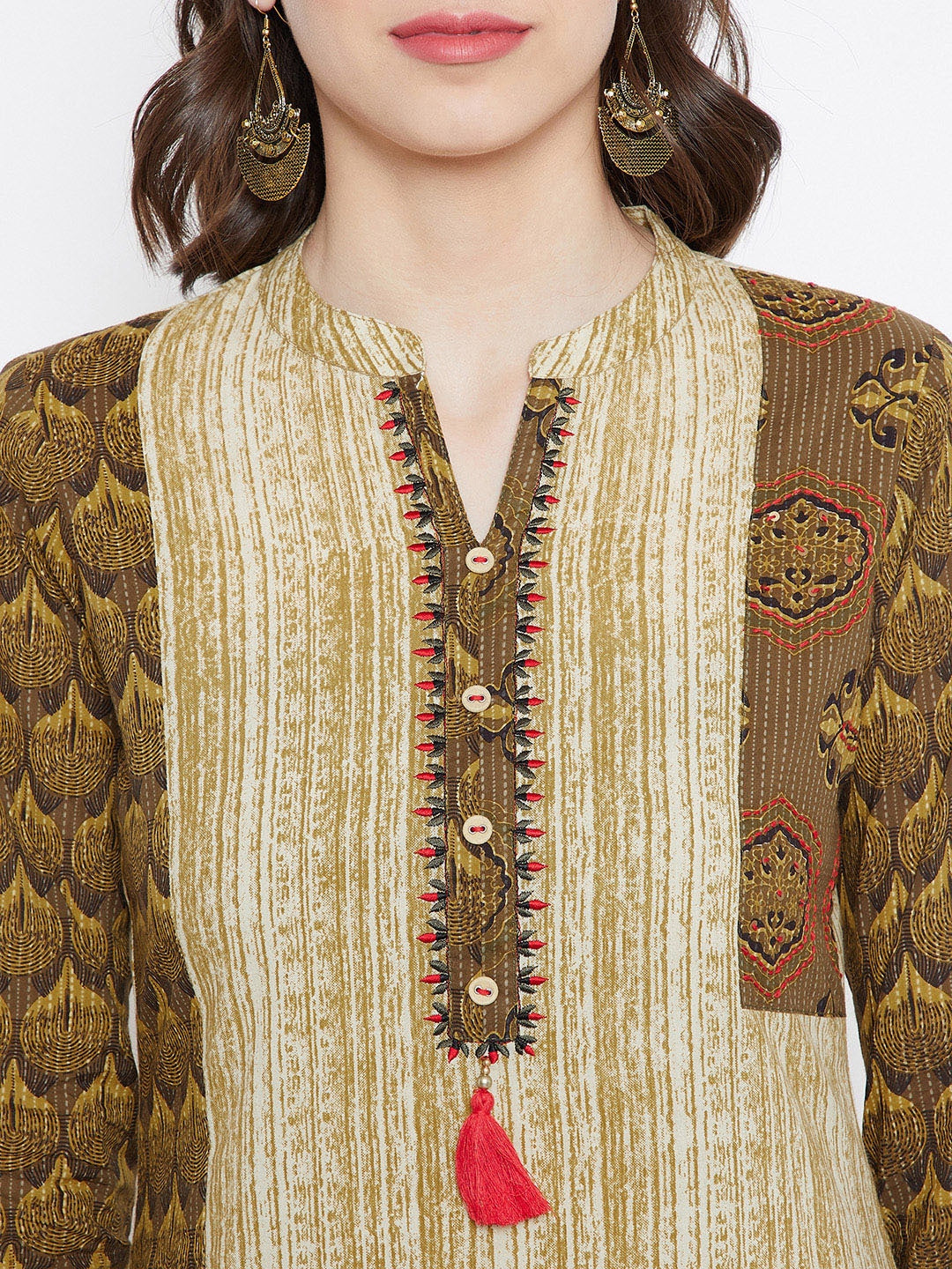 Be Indi Women Olive Green Ethnic Motifs Printed Thread Work Kurta