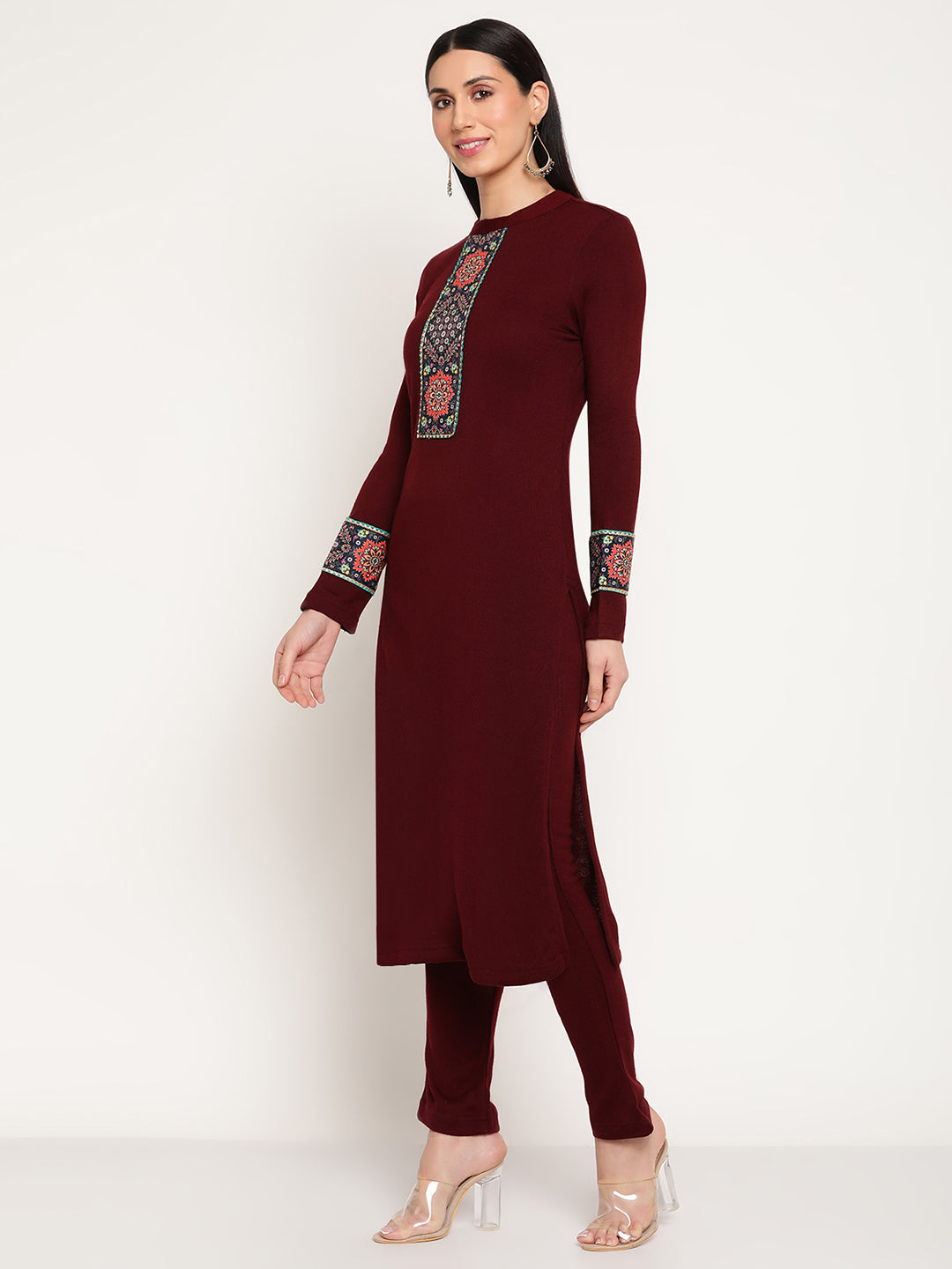 Be Indi Women Winter Daffodil Maroon Yoke Design  Straight Kurta With Trouser &  Printed Dupatta.