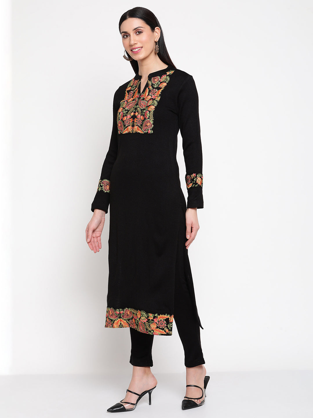 Be Indi Women Winter Daffodil Black Embroidered Straight Kurta With Trouser.