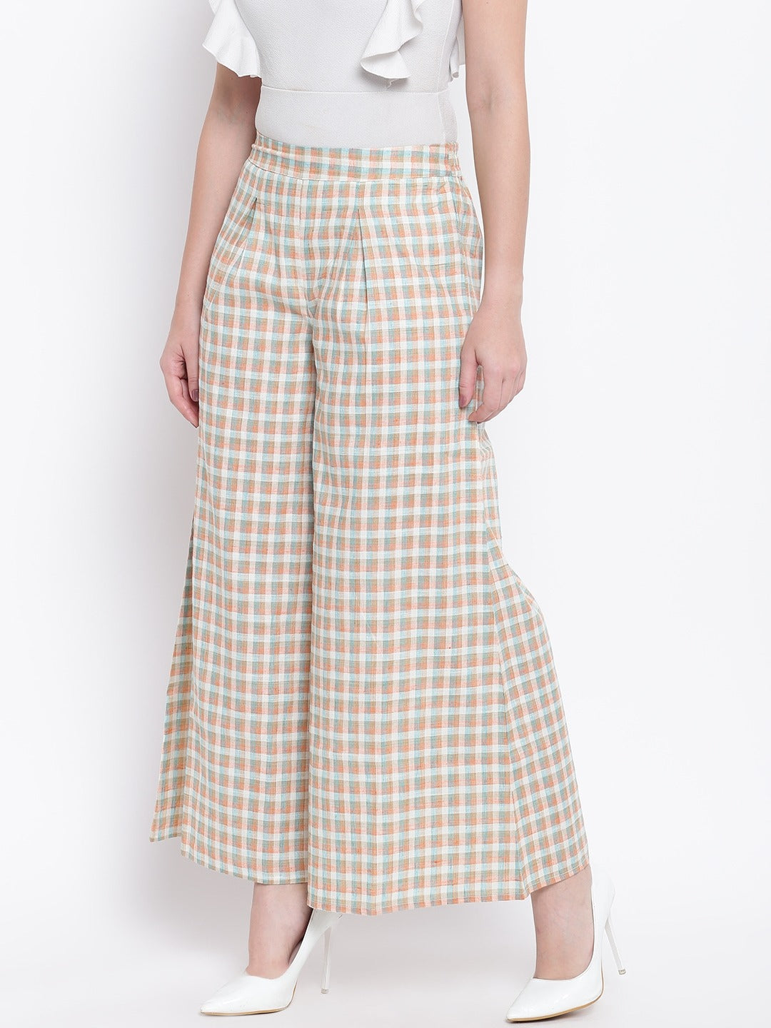 Be Indi Women Off-White & Peach-Coloured Checked Wide Leg Palazzos