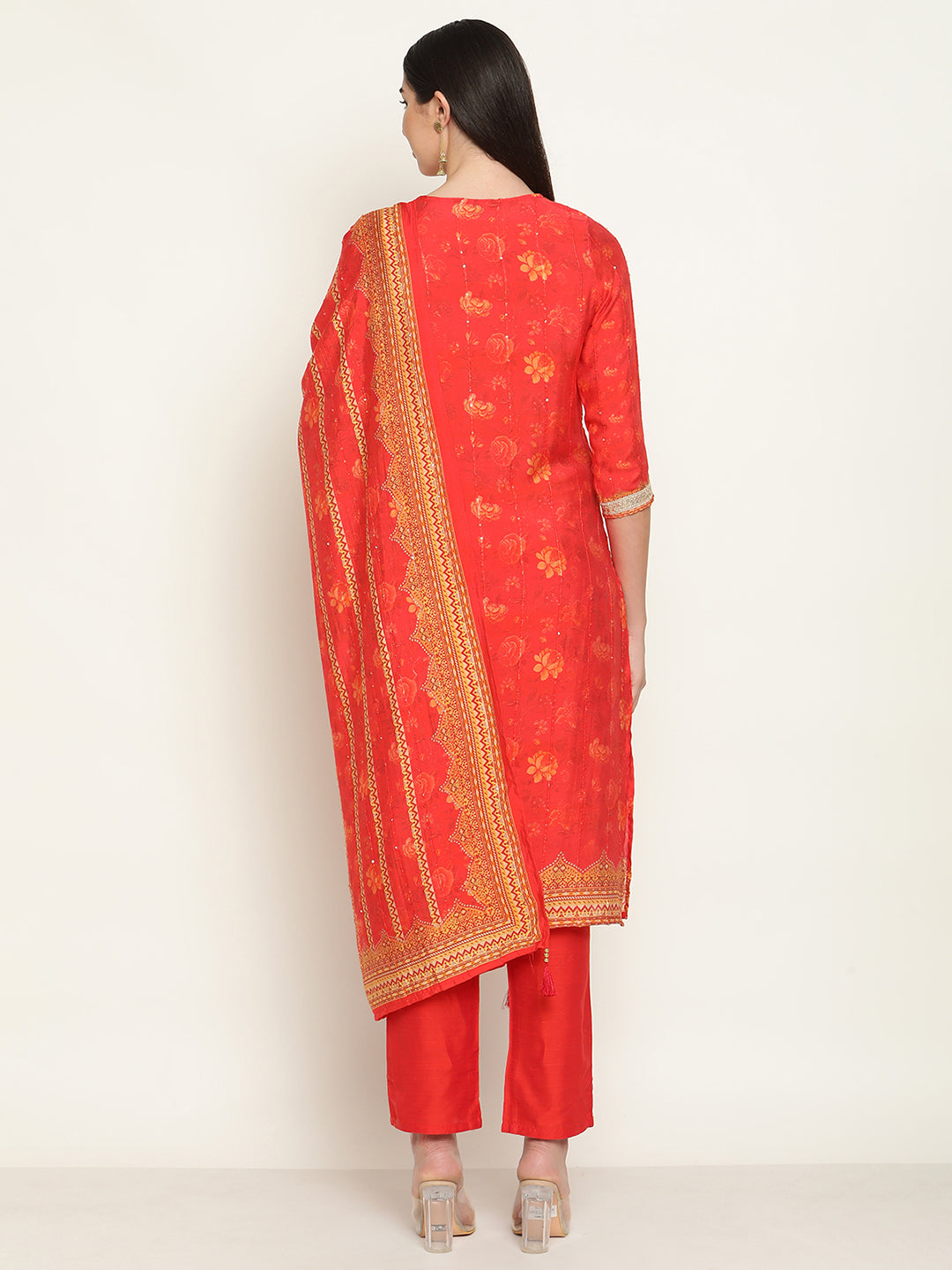 Be Indi Women Red Fancy Lace Kurta With Pant & With Dupatta