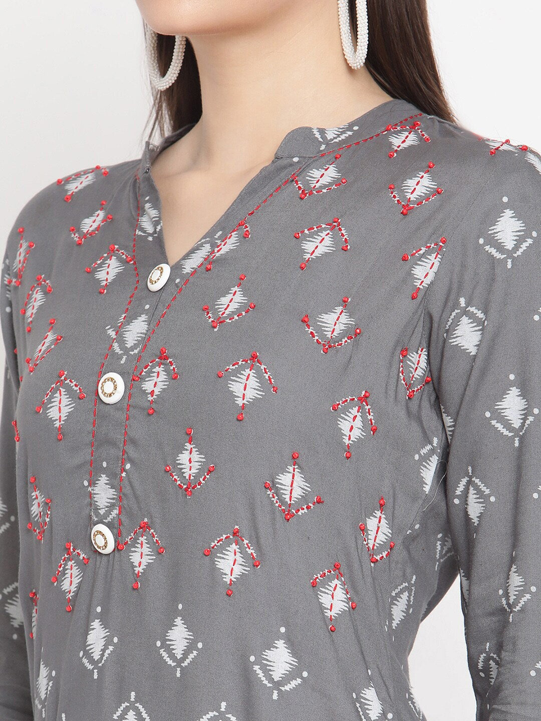 Women grey white color ikat printed hand work detailing kurta With Palazzo