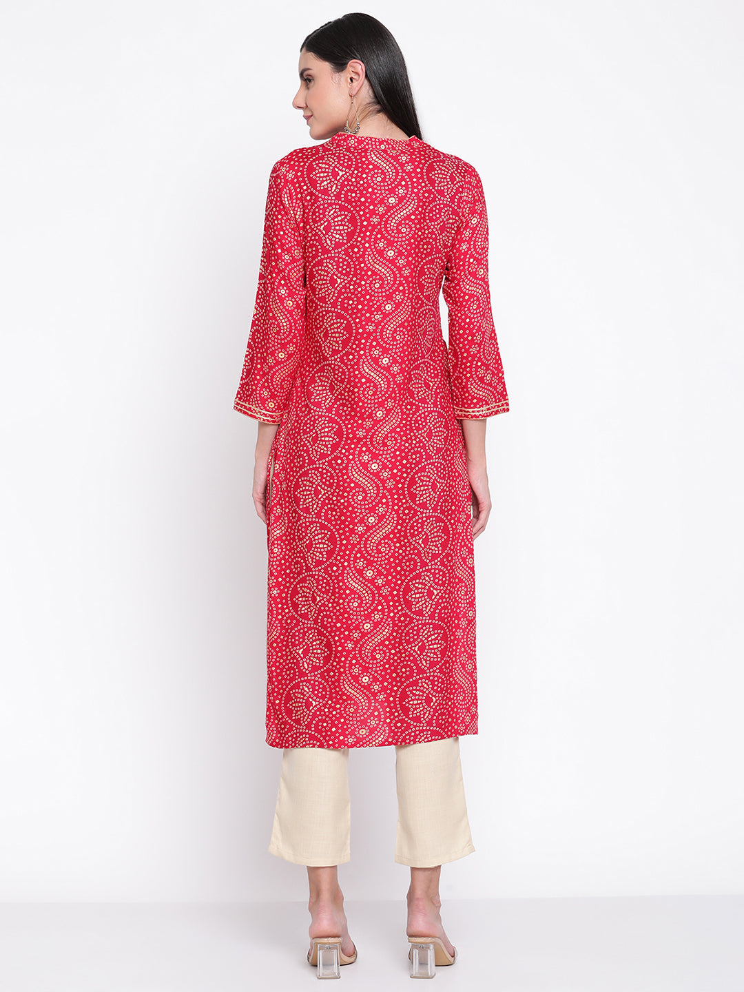 Be Indi Women Fuchsia Bandhini Printed Mandarin Collar, Yoke Kurta