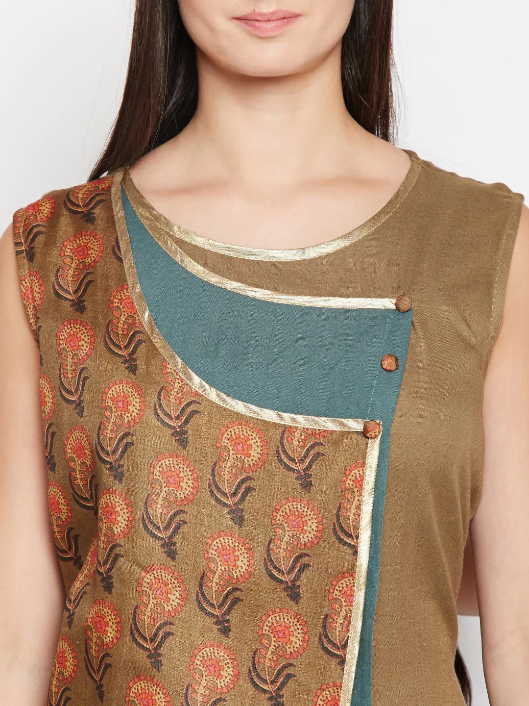 BeIndi Women Brown & Teal Printed A-Line Kurta