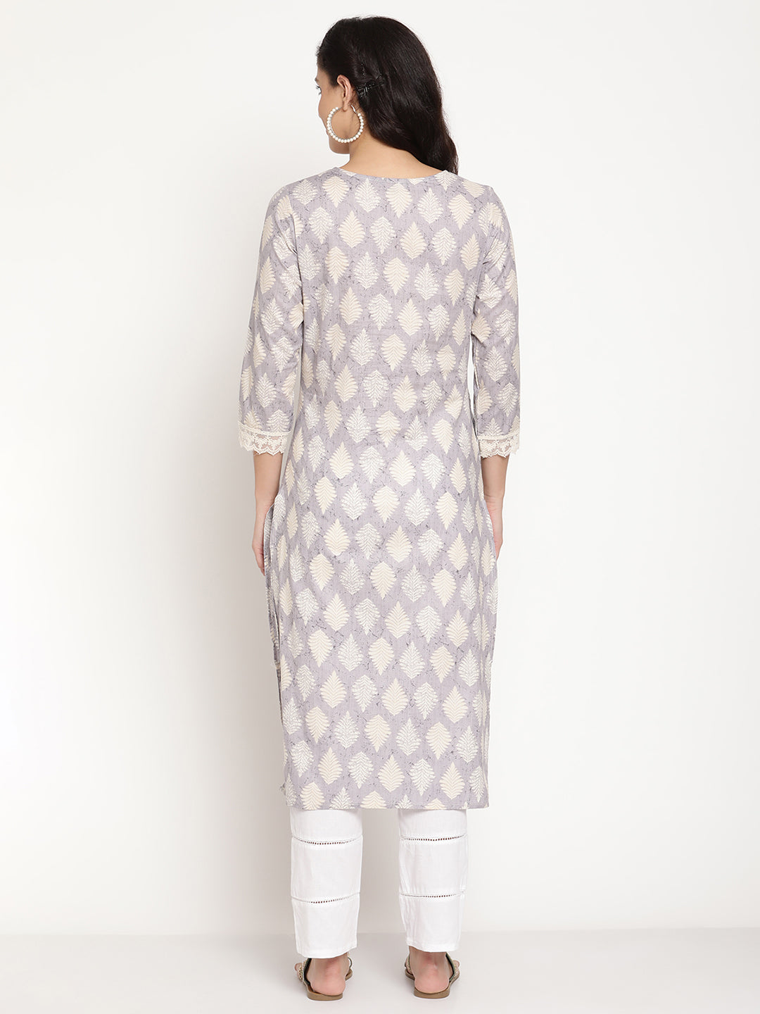 Be Indi Women Grey Color Butta Print Cheifly Embroidred Lace And Fabric Button Detailing Kurta