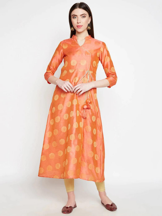 BeIndi Women Peach-Colored Woven Design A-Line Kurta