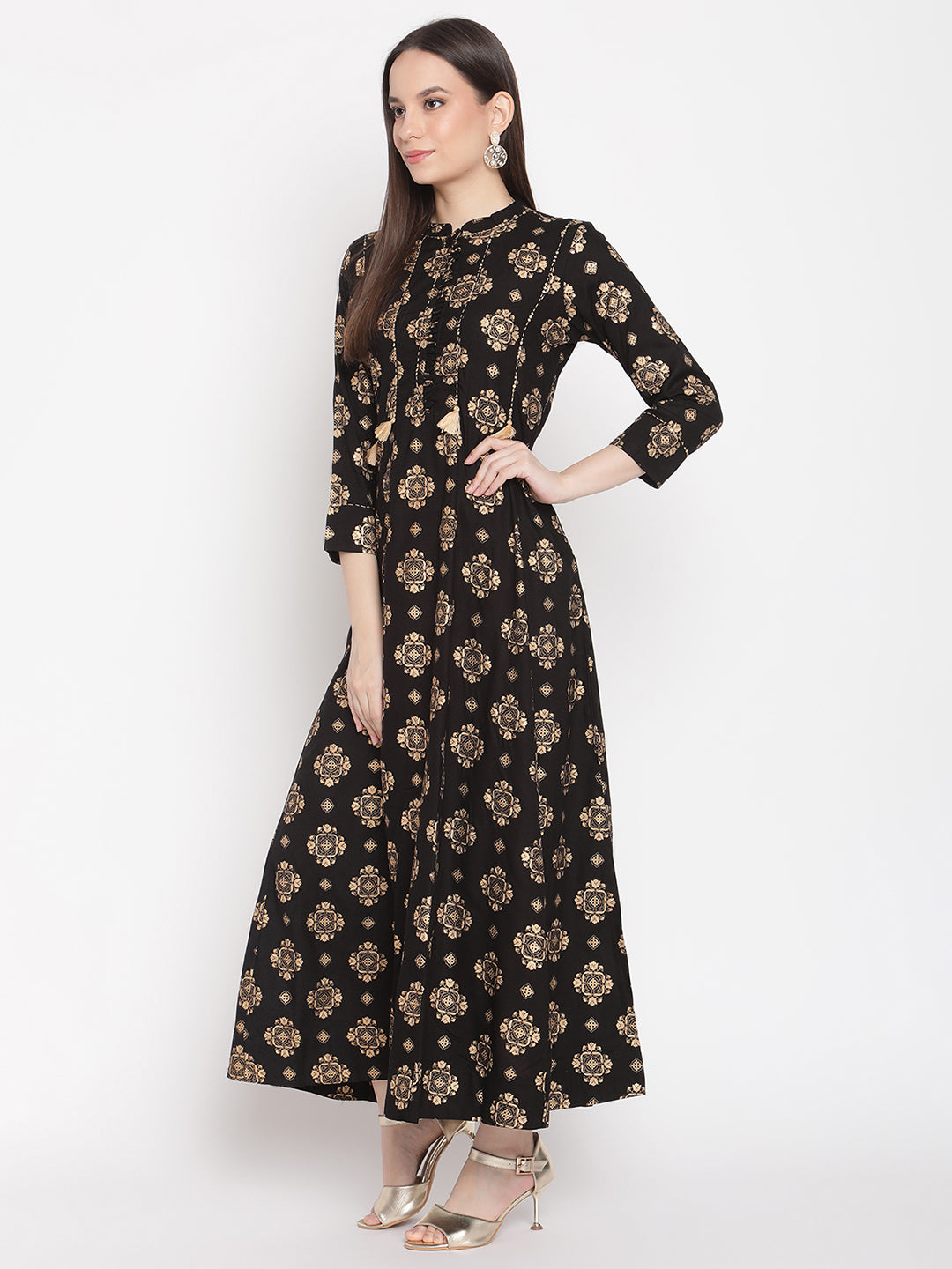 Be Indi Black & Beige Ethnic Motifs Ethnic Maxi Dress