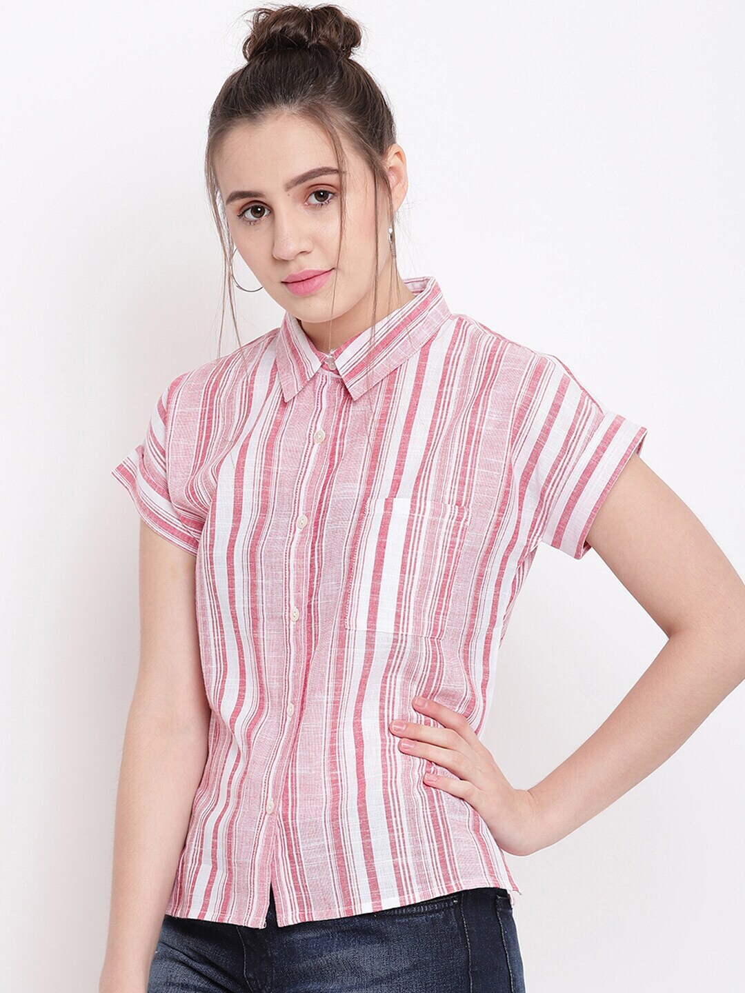 BeIndi Women Red Striped Shirt Style Pure Cotton Top