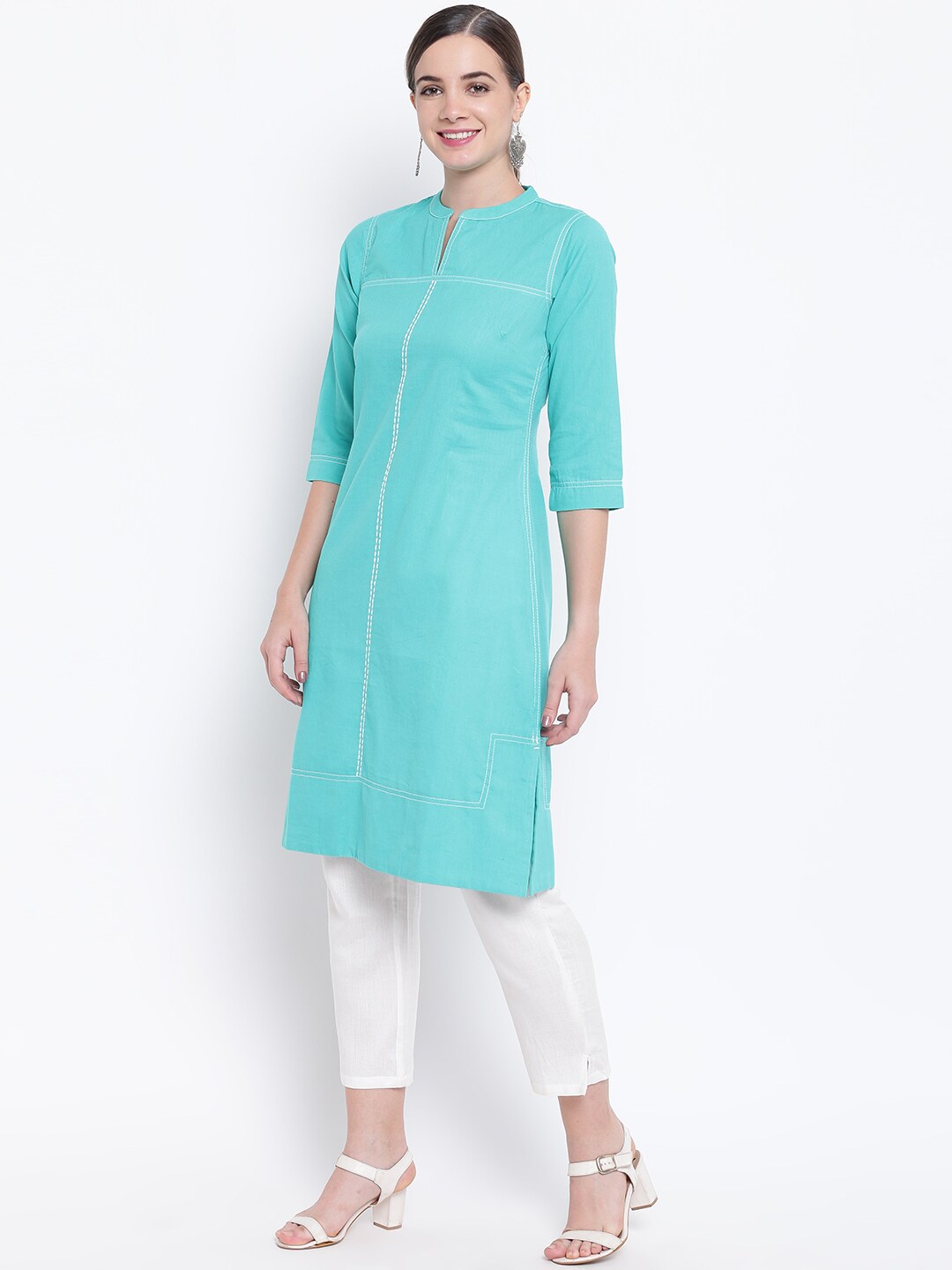 BeIndi Women Sea Green Solid Straight Kurta