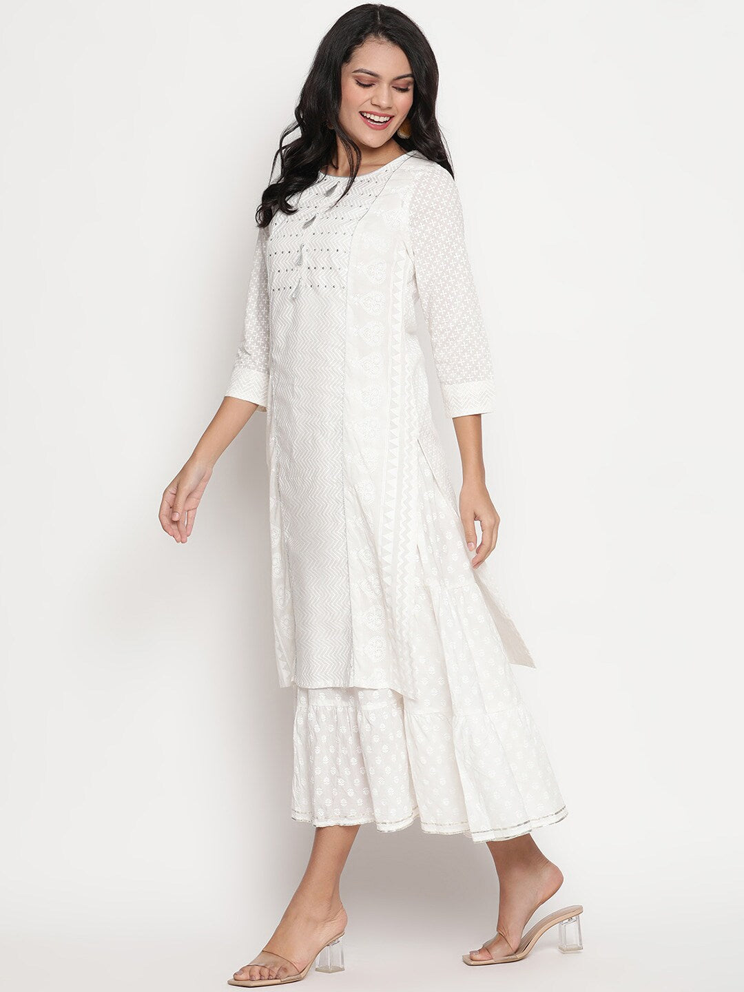 Be Indi White Ethnic Motifs A-Line Midi Dress