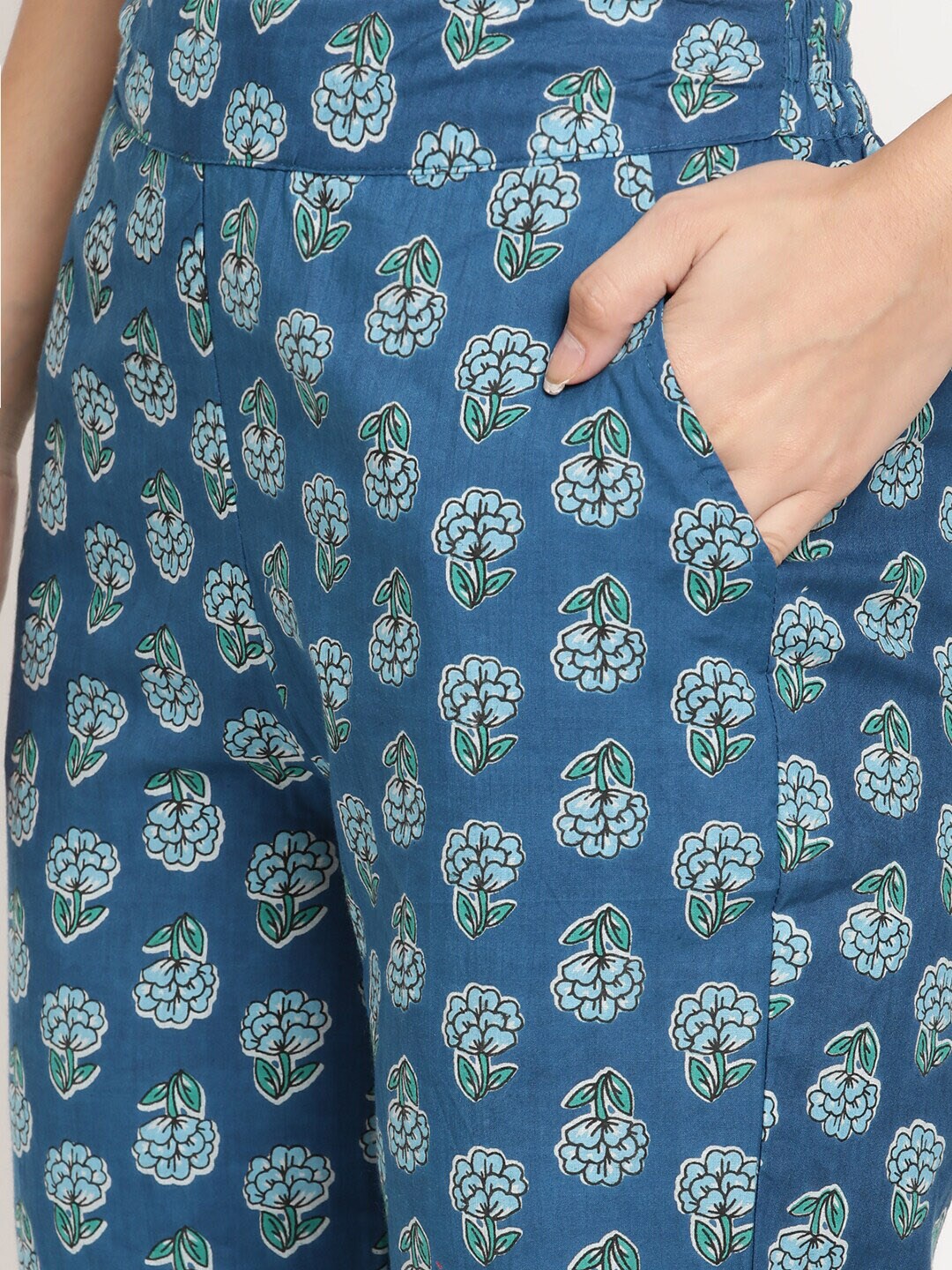 Be Indi Women Blue Floral Embroidered Empire Pure Cotton Kurti with Trousers