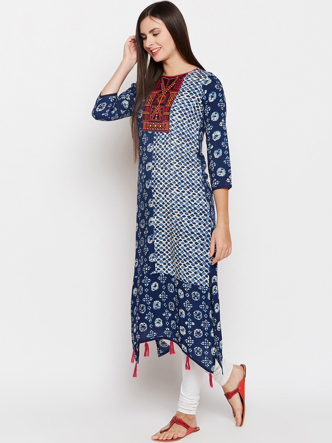 Be Indi Women Navy Blue & White Printed Asymmetric Kurta