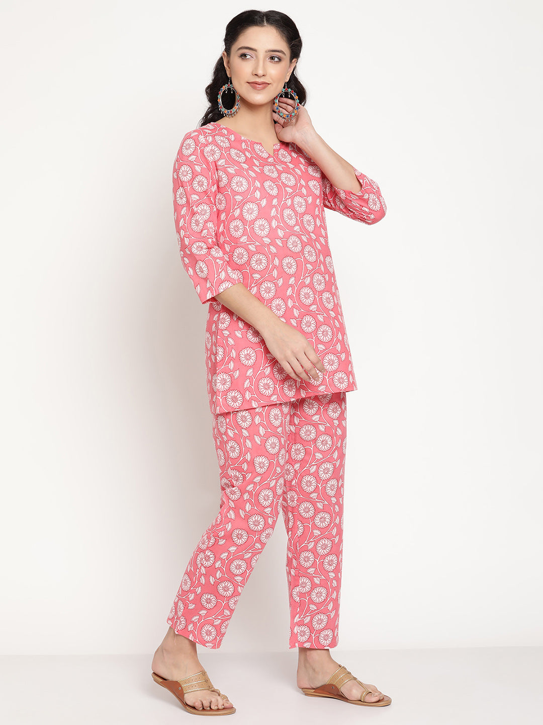 Be Indi Women Pink White Floral Printed Lounge Set