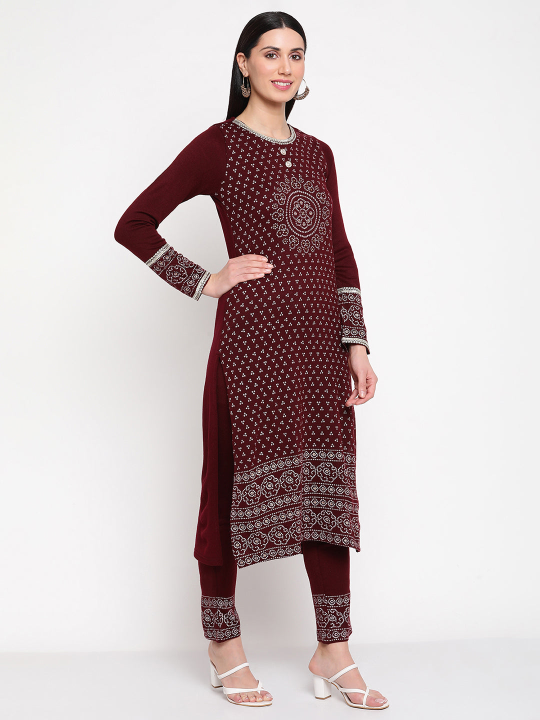 Be Indi Women Winter Daffodil Maroon Printed Straight Kurta With Trouser .