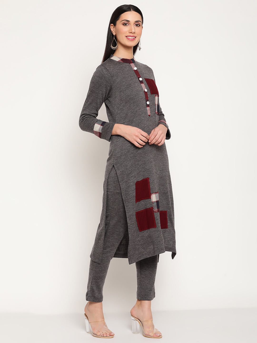 Be Indi Women  Winter Daffodil  Grey Patch Work Design Straight Kurta With Trouser.
