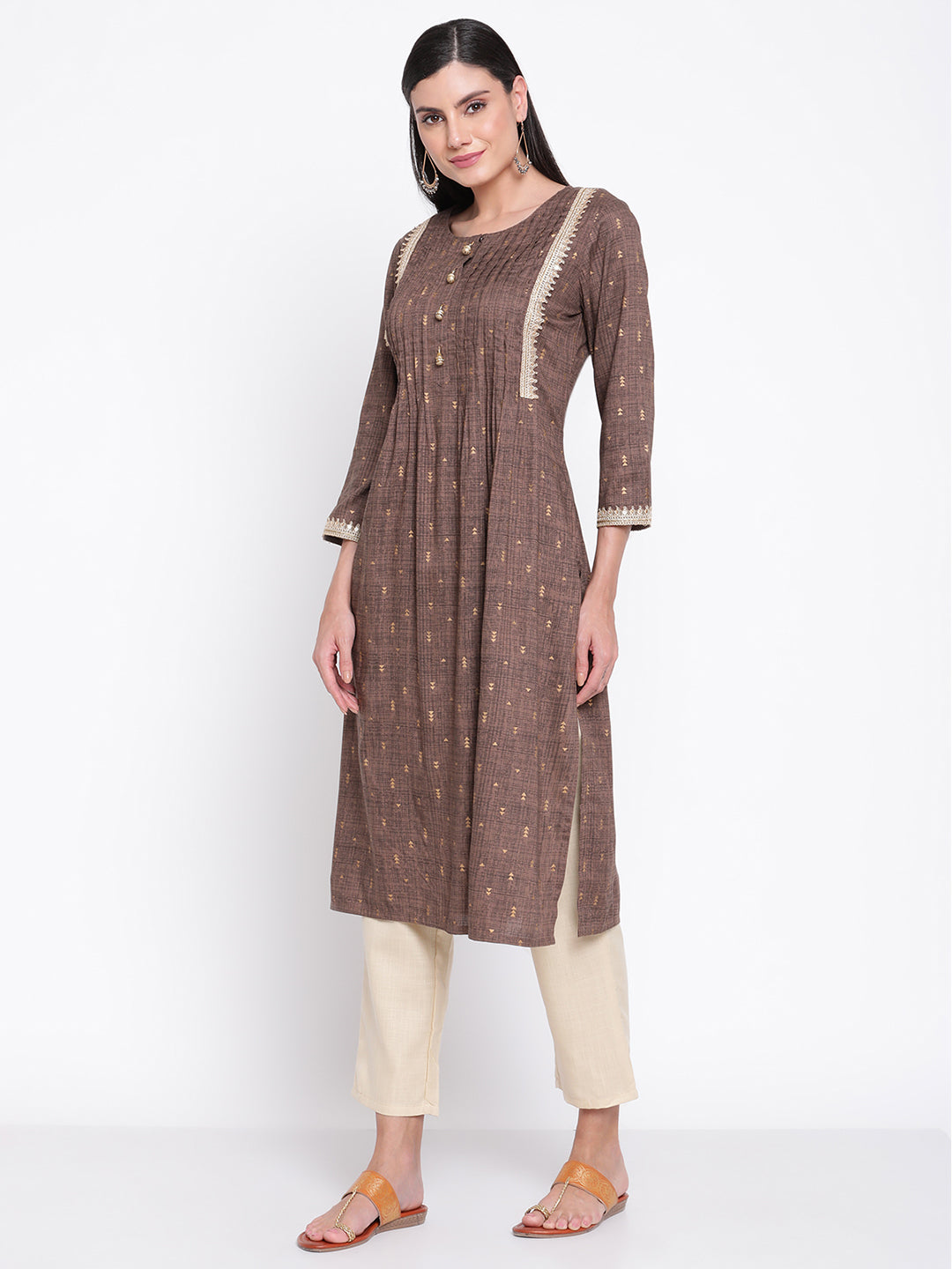 Be Indi Women Foil Printed Brown Pintuck Kurta With Fancy Buttons And Lace Detailing