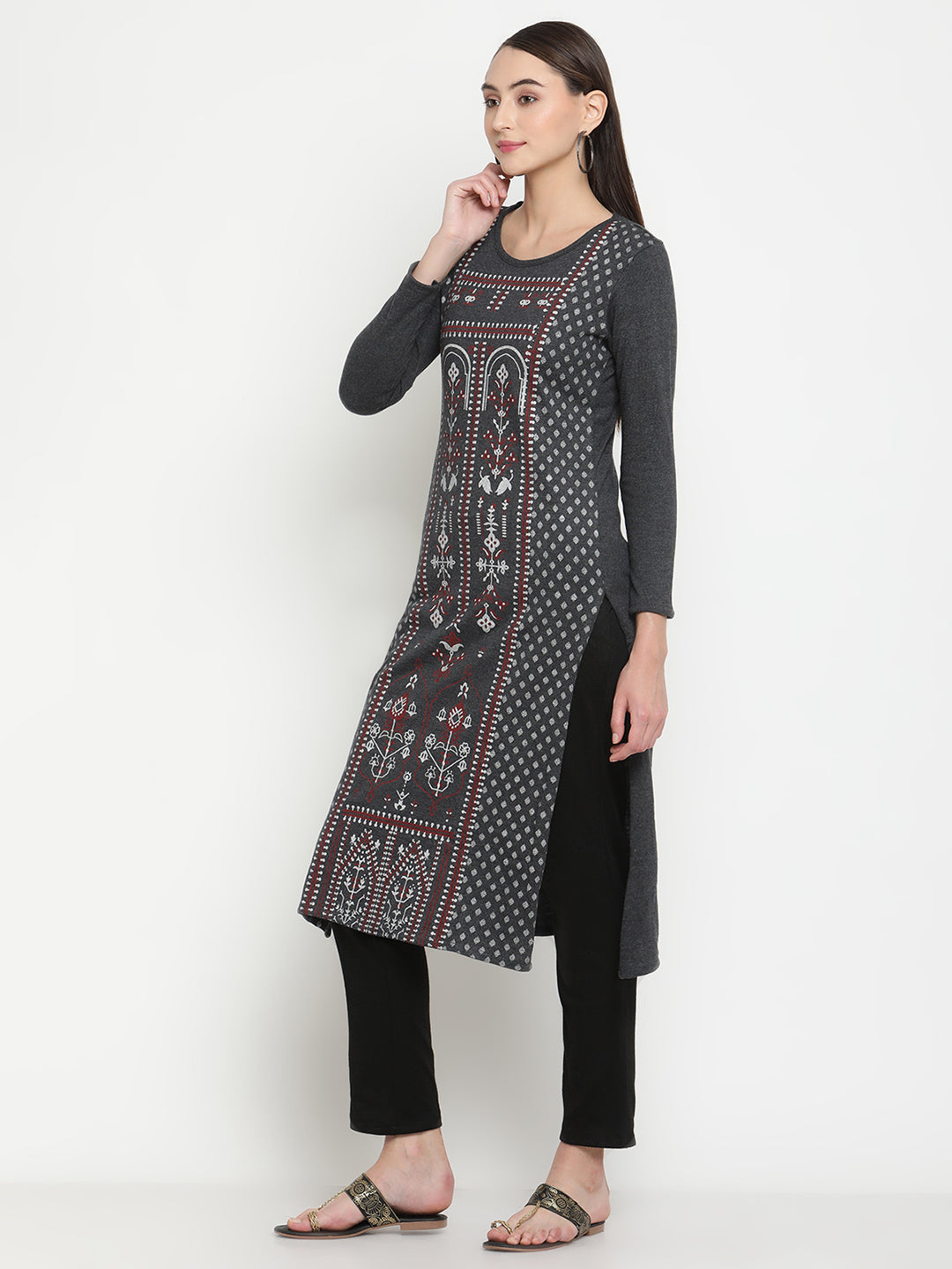 BeIndi Knitted Women Winter Grey Ethnic Printed Kurta