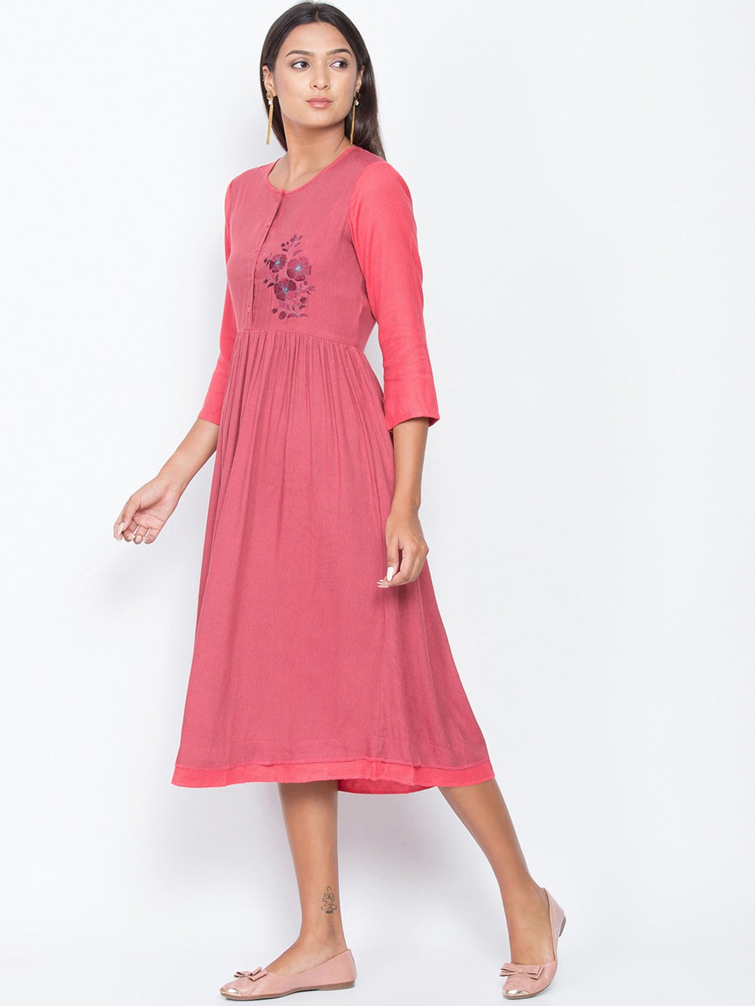 Be Indi Women Embellished Pink Fit and Flare Dress